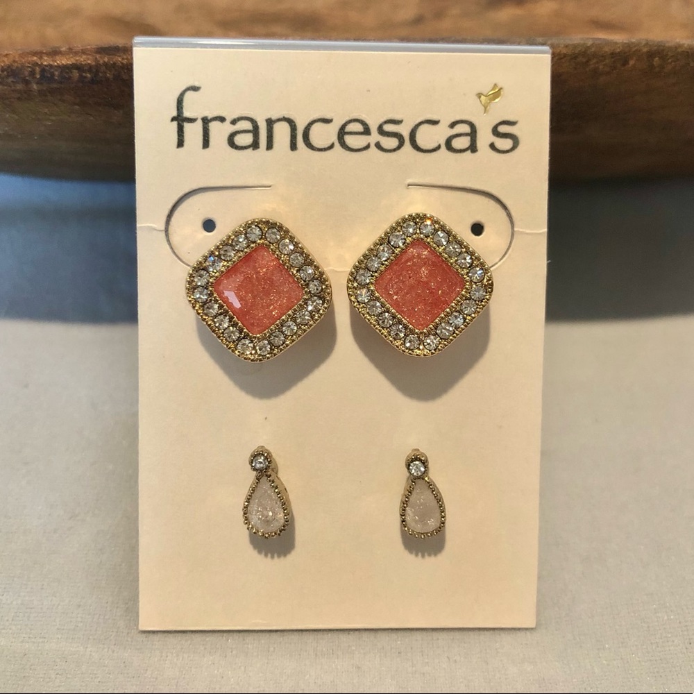 Francesca’s Coral Studs and Iridescent Drop Stud Earrings